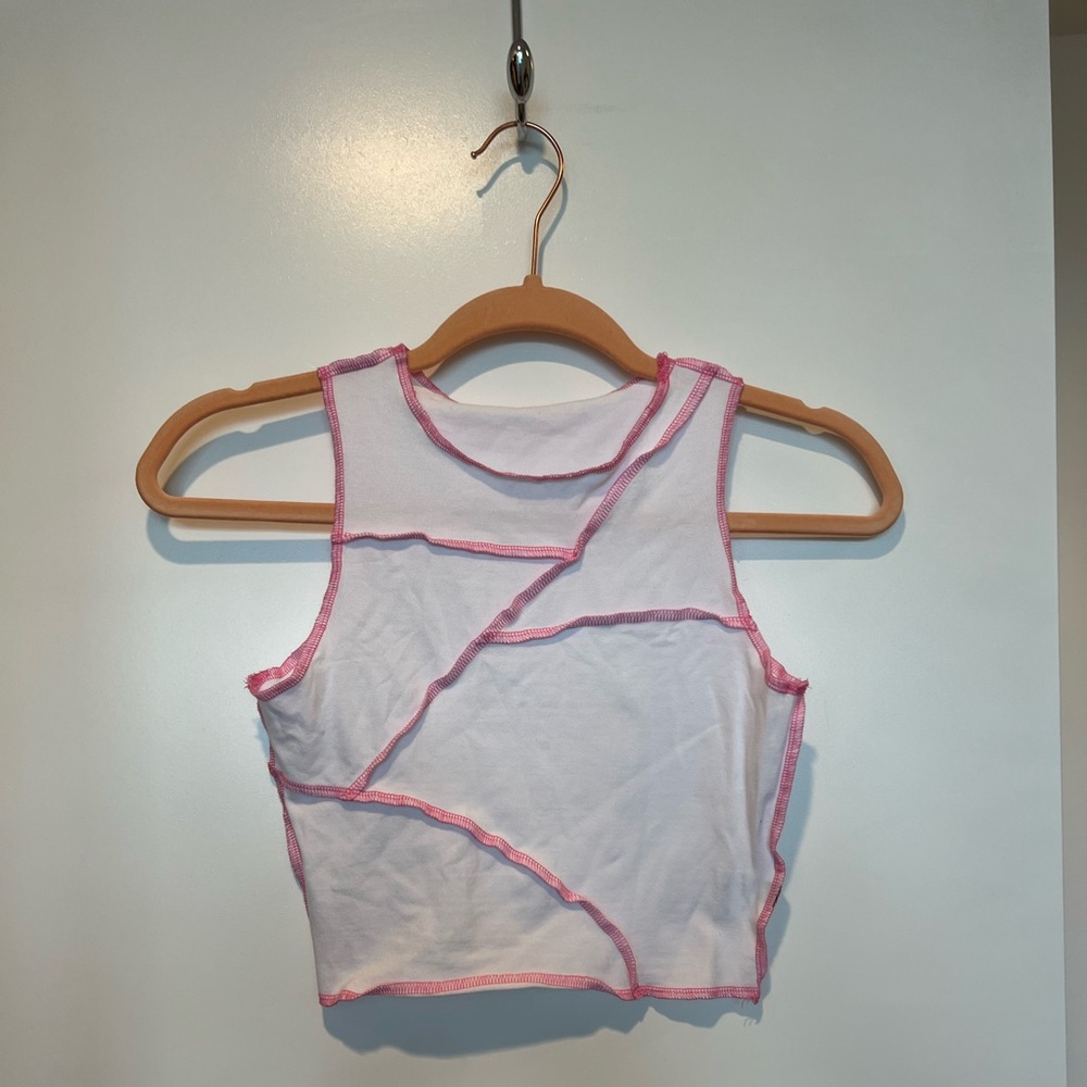 White Pink Stitched Cropped Tank